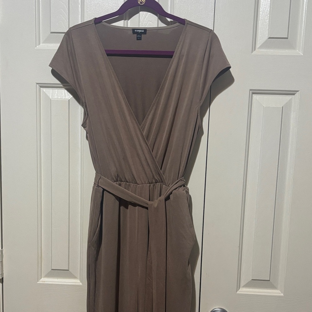 Express Taupe Wrap Jumpsuit with Self-Tie Waist Sz L